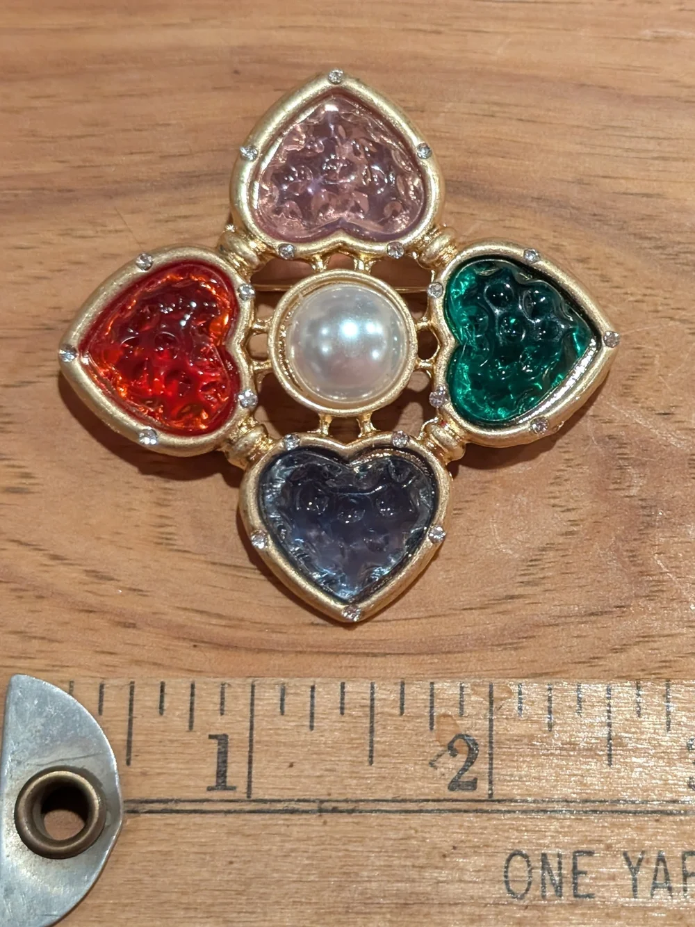 Gold-Tone Multicolor Heart Pendant with Pearl Center